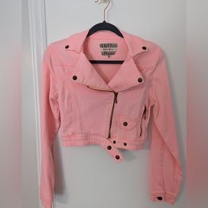 Hot Kiss Pink Denim Moto Jacket - Size Small